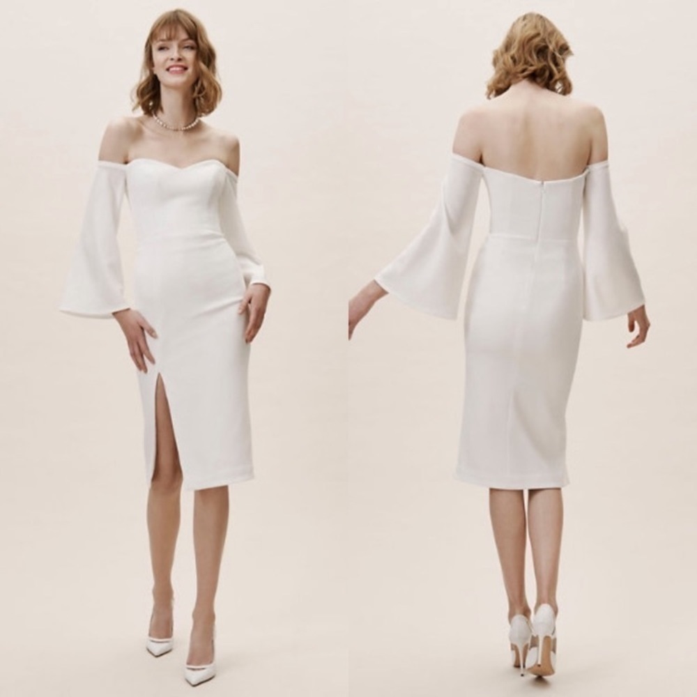 Off-Shoulder White Midi Dress with Bell Sleeves